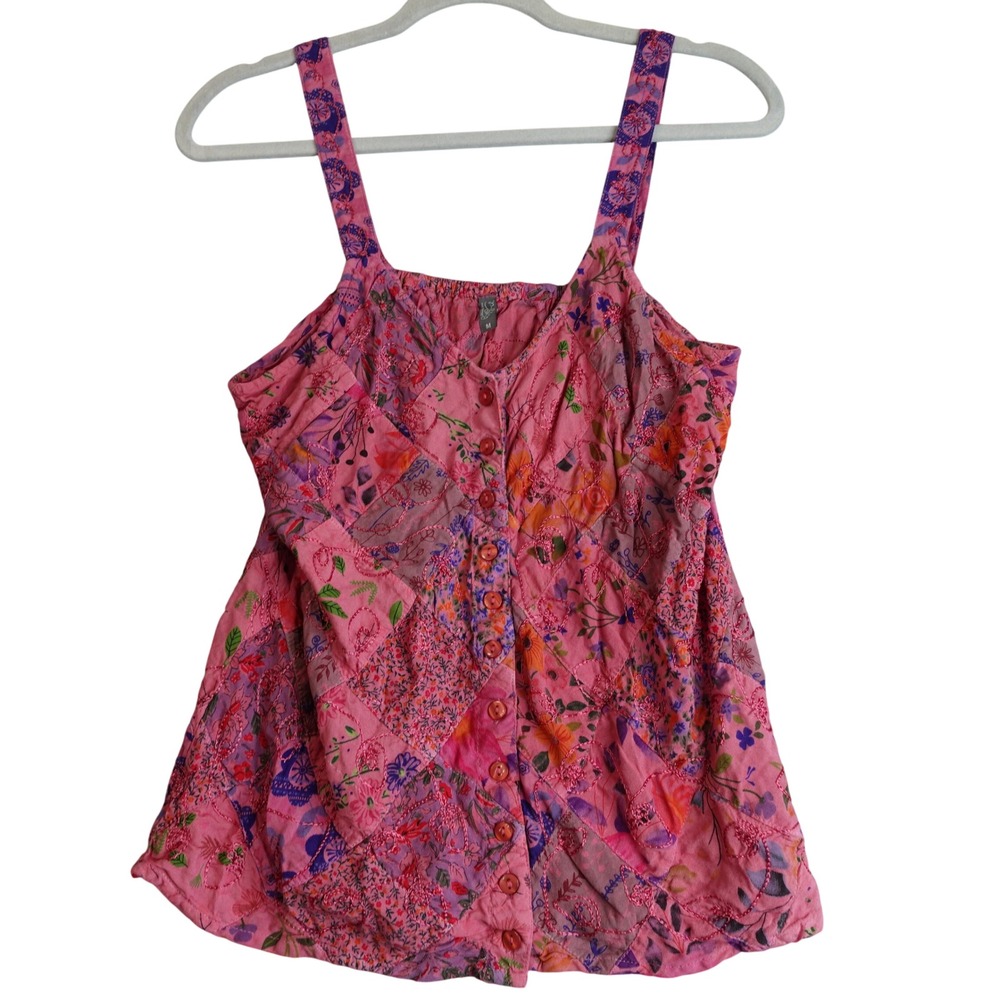 Vtg Y2K Patchwork Floral Tank Top M Pink Boho Fairy Embroidered Cottage Festival